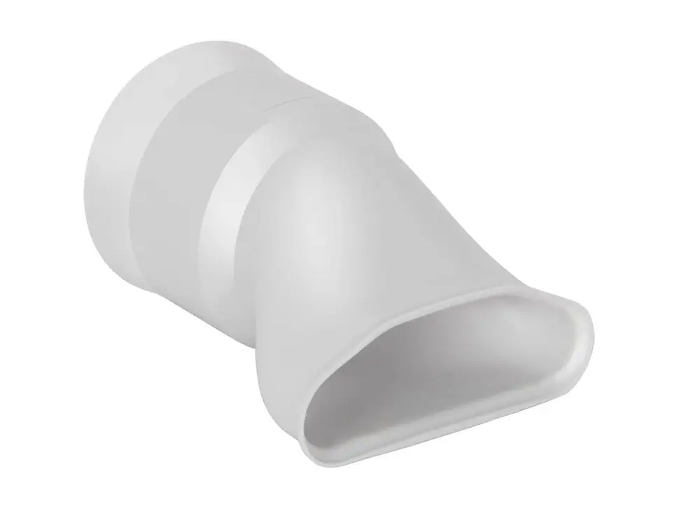 Weißer Adapter von Fränkische mit gebogenem Ende, geeignet für Rohranschlüsse. Das Design ermöglicht eine einfache Montage in Luftführungssystemen.